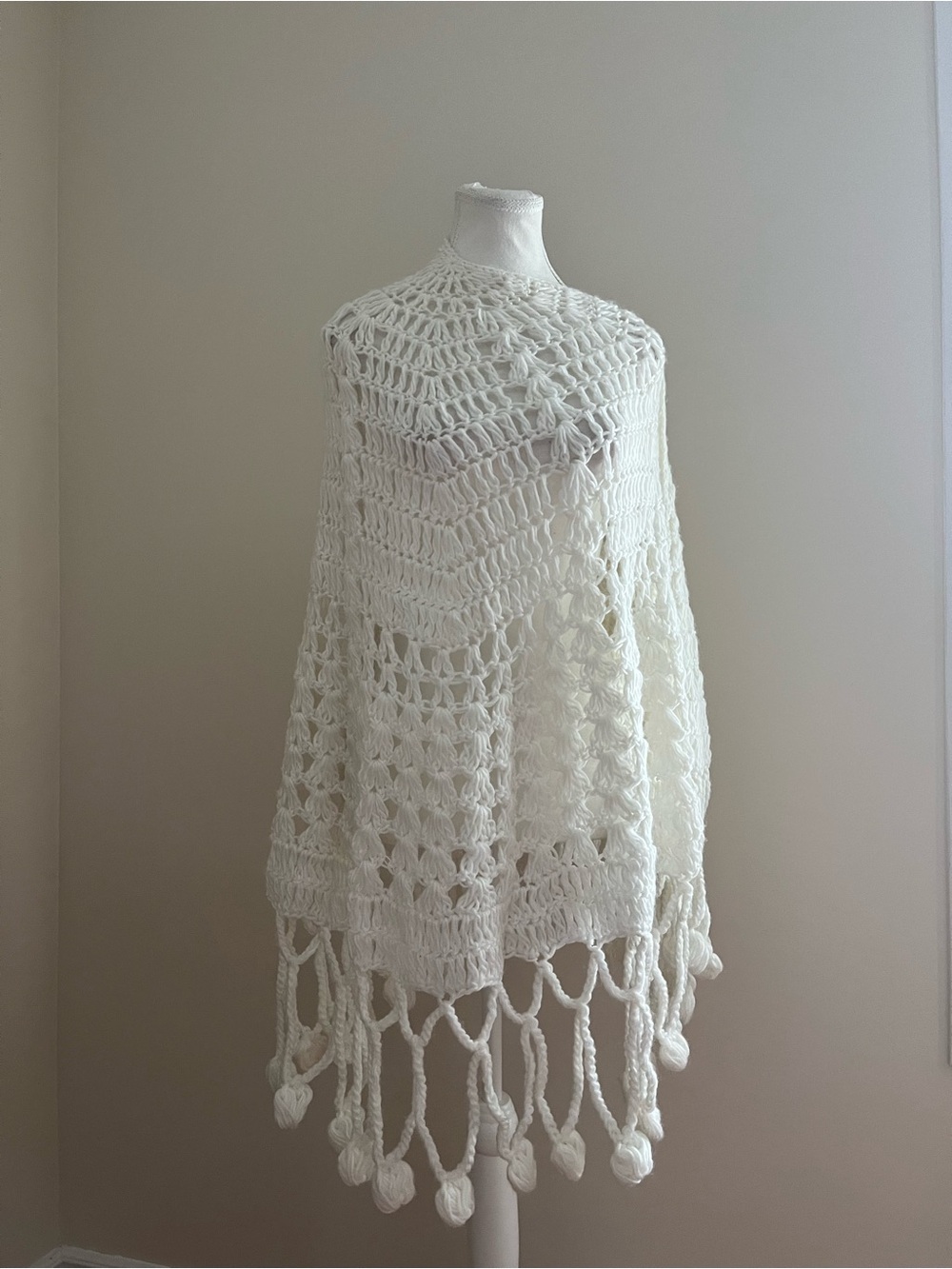 Handmade Cream Crochet Poncho with Fringe